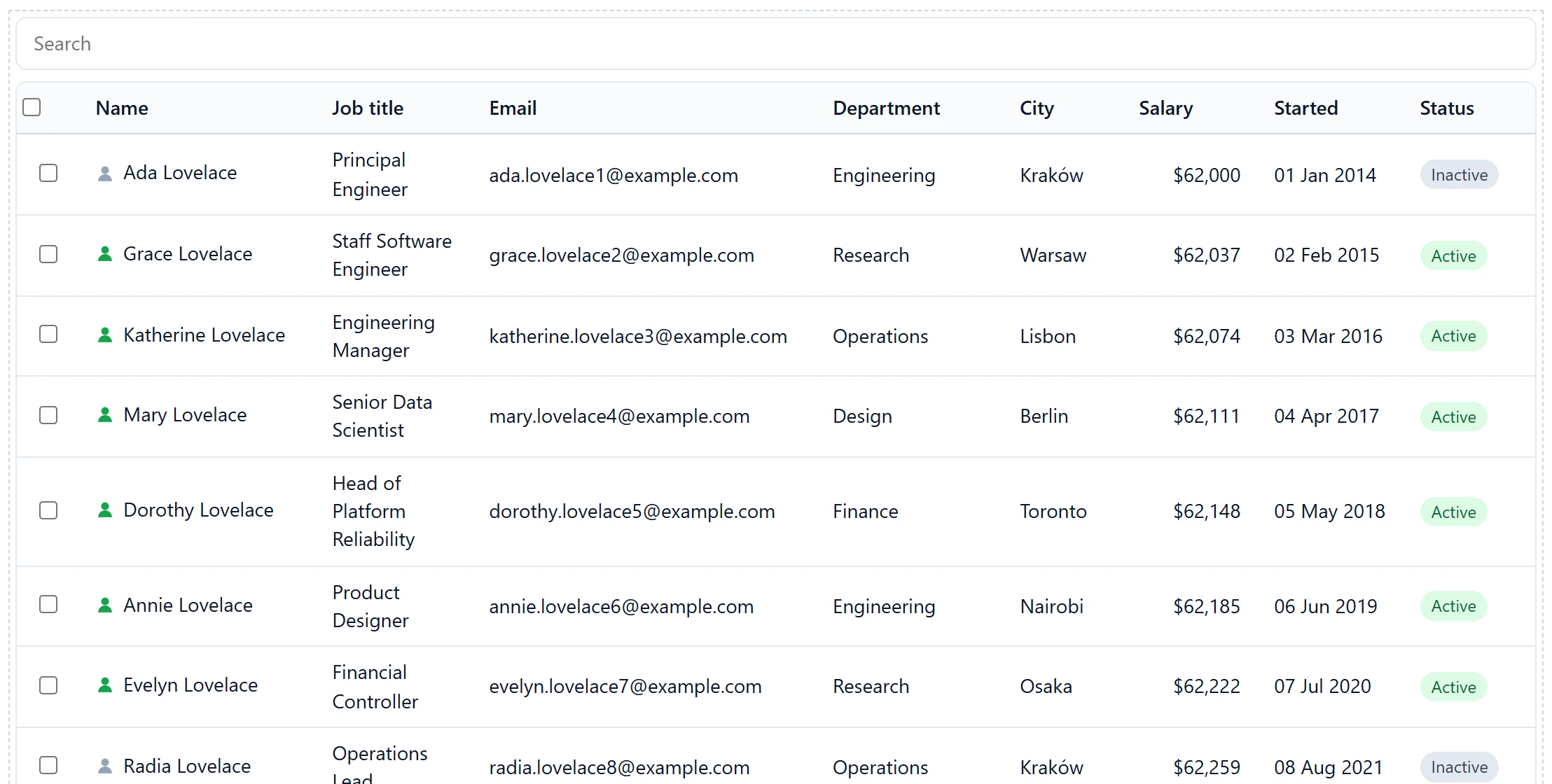The grid in the playground: a searchable, sortable employee table with a selection column and status chips.